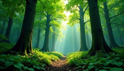 Naklejka premium Towering trees above the undergrowth with leaves, forest floor, green canopy