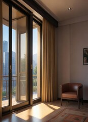 Fototapeta premium Morning light peeking through the hotel window , daytime illumination, unmade bed in the background, natural light
