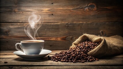 Naklejka premium A cup of coffee with a heart-shaped smoke rising from it, sitting on a burlap sack surrounded by coffee beans, against an old wooden background , burlap sack, heart shape