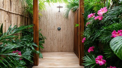 Luxury vacations with spa and relaxation. Outdoor shower surrounded by lush greenery and vibrant flowers.