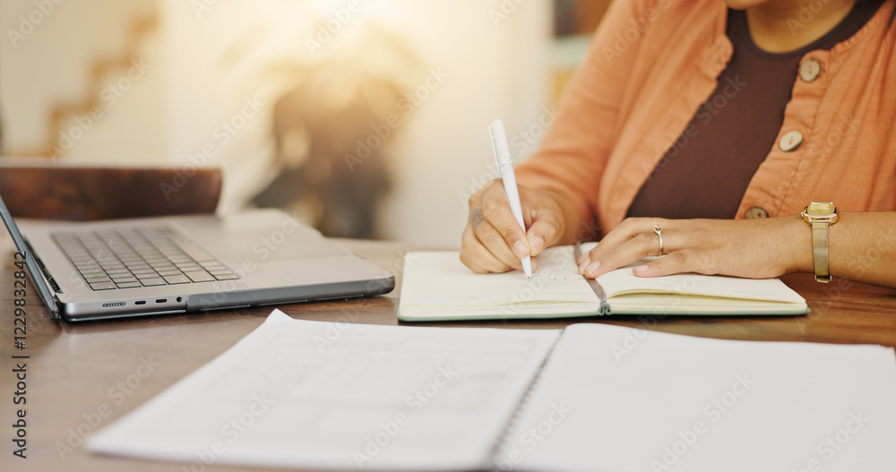 Poster Laptop, remote work and hands with notebook for client feedback, tech support or customer service help. Woman, website and virtual assistant for hotline advice, server or faq for communication