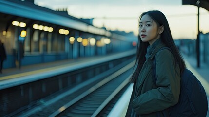 A young woman stands on a train platform, looking directly at the camera, waiting for a train.