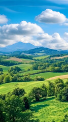 Fototapeta premium Green hills, blue sky, summer landscape, travel poster