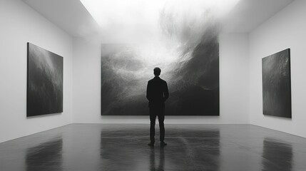 Obraz premium Man contemplates abstract grayscale artwork in gallery