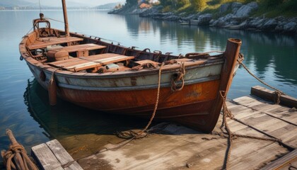 Obraz premium Old boat with rusty metal mooring at the dock, sea, dock, ship