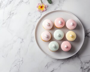 Delicious pastel cupcakes on a marble plate.