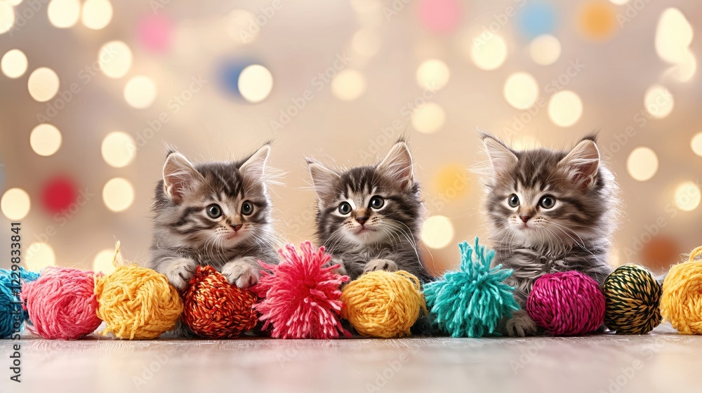 Poster three adorable kittens with colorful yarn balls on a light background with bokeh effect
