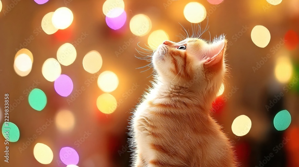 Poster ginger kitten gazes upward at colorful bokeh lights creating a warm and festive mood