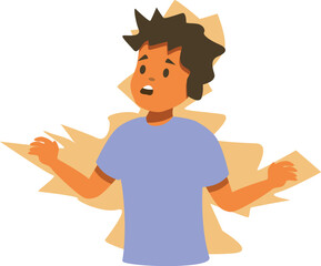 Surprised boy with spiky hair and blue t shirt reacting to shocking news, expressing astonishment and disbelief