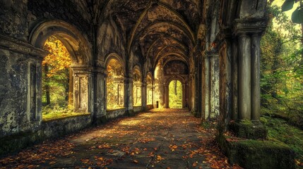 Fototapeta premium Autumnal Ruins: A Mystical Walk Through Time