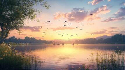 Fototapeta premium Serene lake at sunset with birds flying over water and people in boats near distant shore