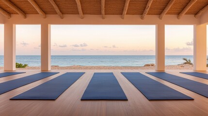 Fototapeta premium Luxury vacations with spa and relaxation. Serene yoga studio overlooking the ocean at sunrise.