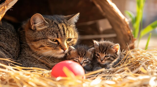 Mother cat and two small kittens resting in a straw nest under warm sunlight with a red ball