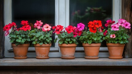 Fototapeta premium Vibrant Flower Pots Displayed on Rustic Wooden Windowsill