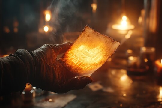 A mysterious, weathered permit card being held by a gloved hand in a dimly lit room, with dark, dramatic shadows adding intrigue