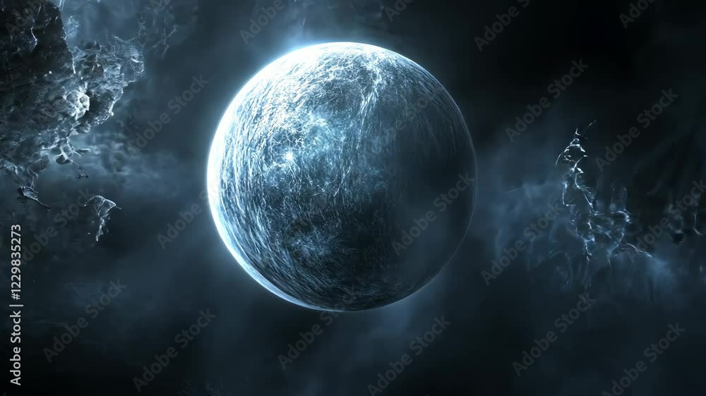 Poster mysterious glowing planet surrounded by dark cosmic clouds and mist in deep space