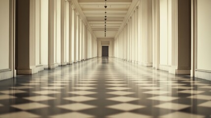 Long, perspective view of a classical colonnaded hallway with a checkered floor.