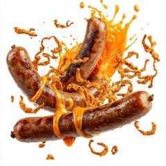 Flying grilled sausage with rich orange cheddar cheese sauce splashing, crispy fried onions and paprika, bright white background