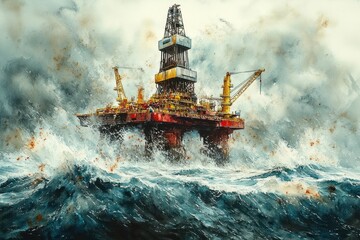 Obraz premium Oil rig battles fierce ocean storm, dramatic scene.