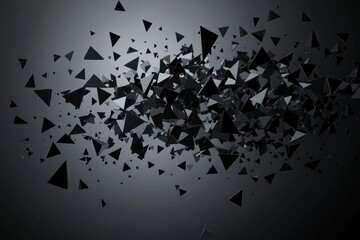 Abstract dark gray background with scattered, exploding black triangles.
