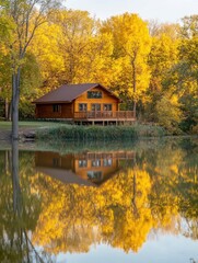 Obraz premium A serene autumn landscape featuring trees with warm golden leaves, a wooden cabin and a peaceful lake reflecting the scenery