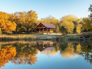 Fototapeta premium A serene autumn landscape featuring trees with warm golden leaves, a wooden cabin and a peaceful lake reflecting the scenery