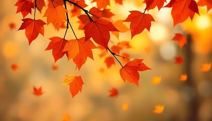 Fototapeta premium Vibrant Autumn Maple Leaves Hanging From Branch