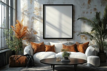 Sunlit modern living room, cozy sofa, plants.