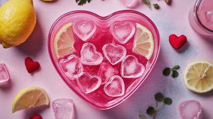 A heart-shaped ice cube tray filled with pink lemonade, styled for Valentine Day