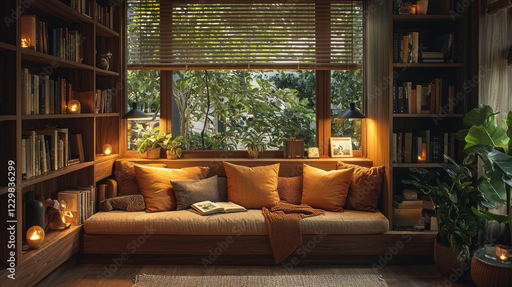 Poster a serene reading nook invites relaxation with plush cushions and soft blankets. shelves filled with 