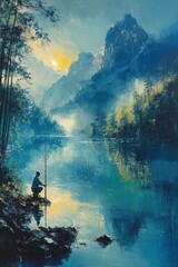Fototapeta premium Solitary figure fishing tranquil mountain lake sunrise