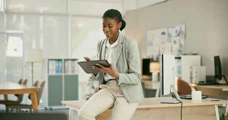 Reading, office or black woman with tablet networking online for research or report in digital...
