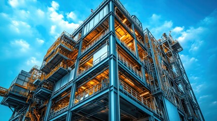 Industrial complex towering structure blue steel sky
