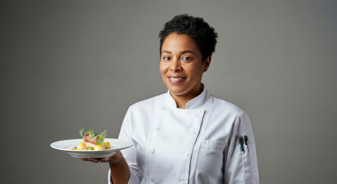Smiling African American female chef holding gourmet dish in professional kitchen attire - Powered by Adobe