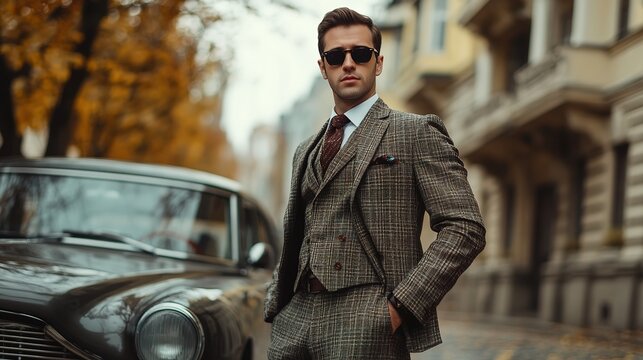 A business man in a three-piece suit posing by a classic car, timeless and elegant atmosphere