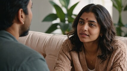Conversation on health and wellness between two South Asian individuals in a cozy living room filled with plants during a sunny afternoon