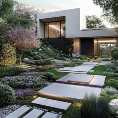 Obraz premium Tranquil modern garden featuring geometric pathways and vibrant blooms in serene natural surroundings with ample copy space. Generative AI