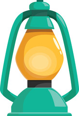 Green vintage camping lantern with a bright yellow light emanating a warm glow, perfect for outdoor adventures