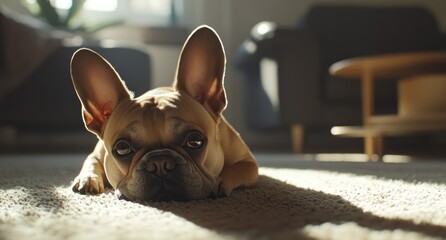 A close-up of a French Bulldog lying on a beige carpet in a brightly lit living room.