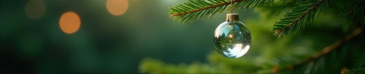 A delicate glass ball is suspended from a branch of a fragrant evergreen Christmas tree, dainty, fragrance