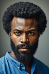 Fototapeta premium arafed man with a beard and a blue shirt looks at the camera