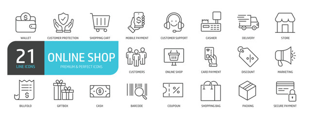 Set of line icons related to online shopping, e-commerce, shop, store. Outline icons collection. Editable stroke. Vector illustration.