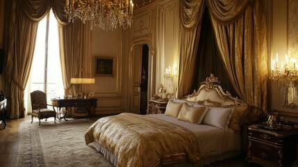 Elegant and luxurious bedroom with gold-accented furniture, a gleaming chandelier, and sumptuous bedding for a high-end, refined look.