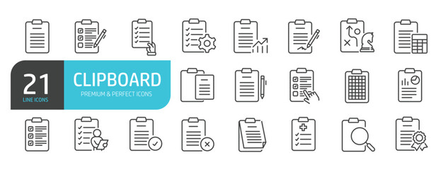 Set of line icons related to clipboard, document, form, report. Outline icons collection. Editable stroke. Vector illustration.