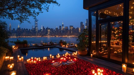  romantic rooftop valentine’s day dinner with candlelit table, roses, and city skyline under a starry night
