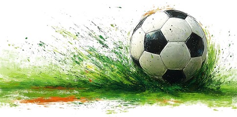 Illustration of a soccer ball with watercolor splashes and grunge scratches.