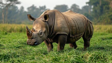 Obraz premium Majestic rhino grazes lush green meadow