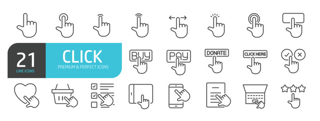 Set of line icons related to hand, pointer, click, cursor, gesture. Outline icons collection. Editable stroke. Vector illustration.