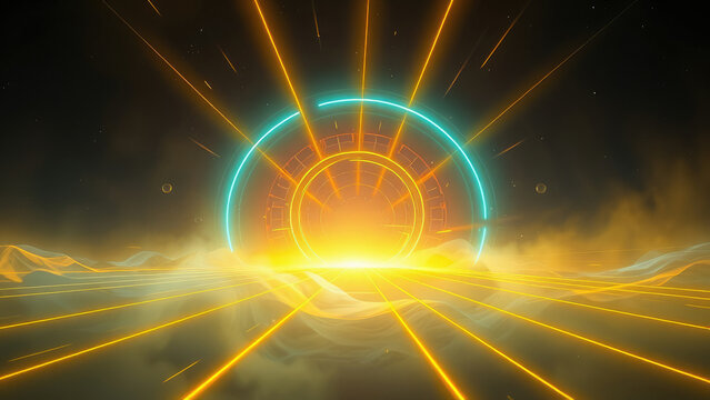 Hazy neon lights forming yellow and blue patterns, visual effects, electric haze, artistic