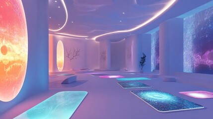 A serene yoga studio with planetary art and glowing mats creating a tranquil scene